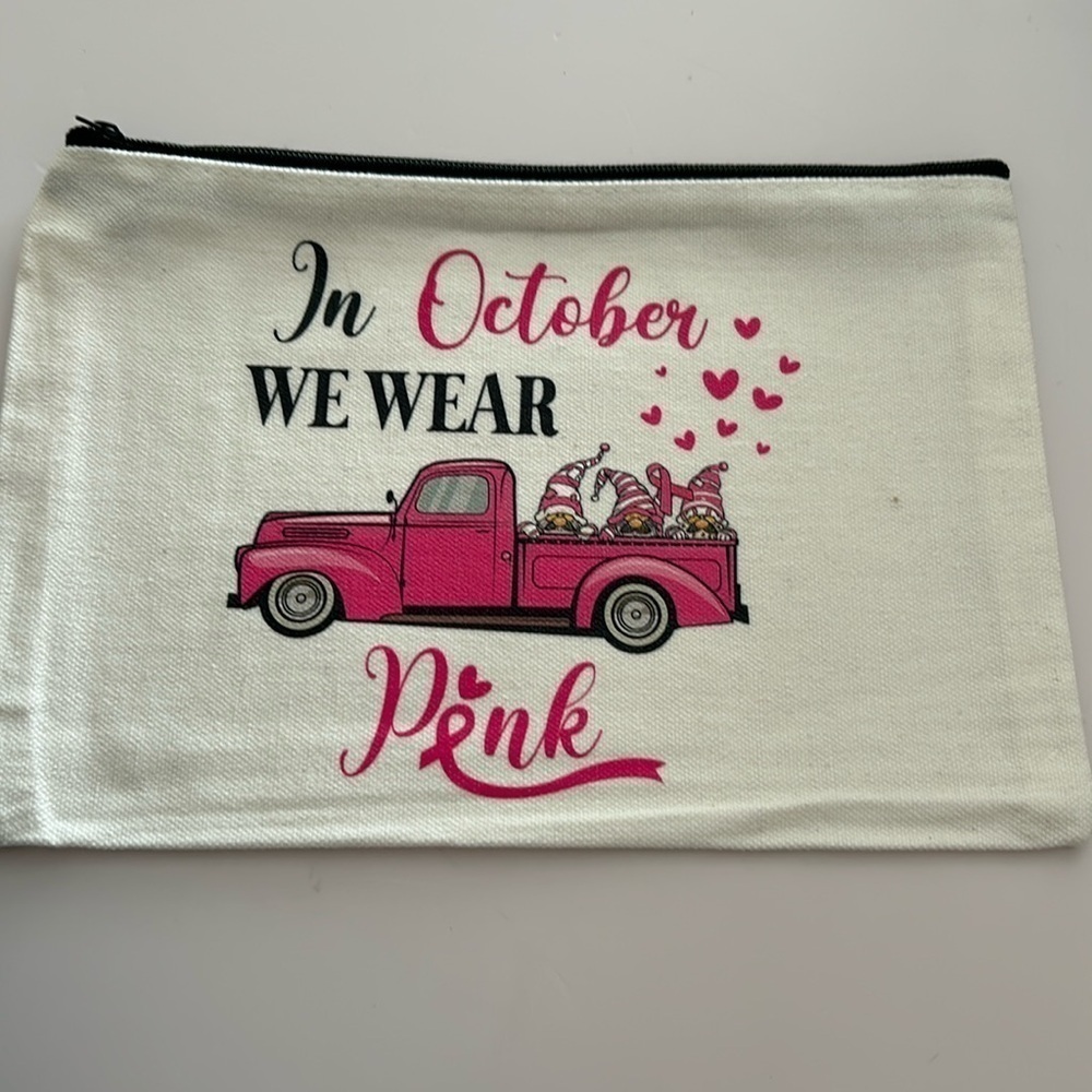 Breast Cancer Awareness Canvas Makeup Bag IN OCTOBER WE WEAR PINK / NEW